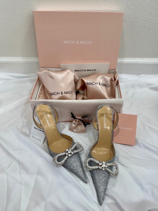 Mach & Mach Shoes - Mach & Mach Double Bow Silver Glitter Slingback Heels – NEW w/ Box Authentic